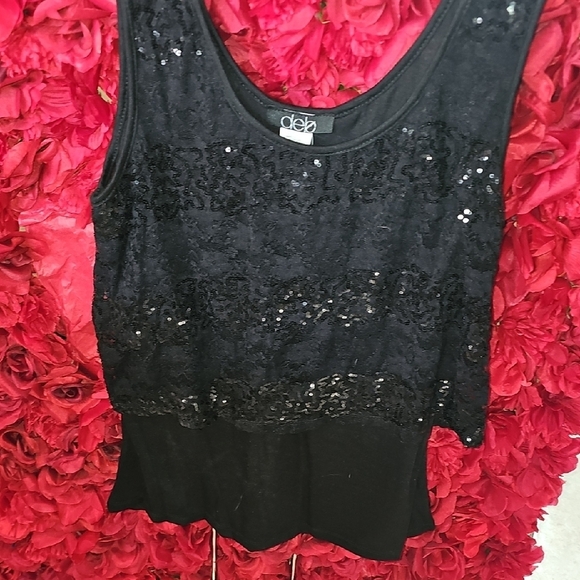 Deb Tops - Deb Elegant Black Sequin Tank Top With Crop Overlay Size Xlarge